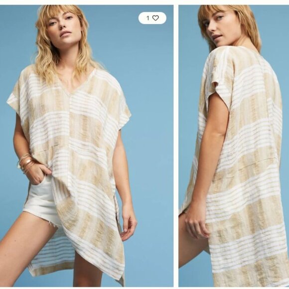 Anthro Akemi + Kin Cream & Tan Striped Dolman Linen Tunic - Size L - Picture 1 of 11